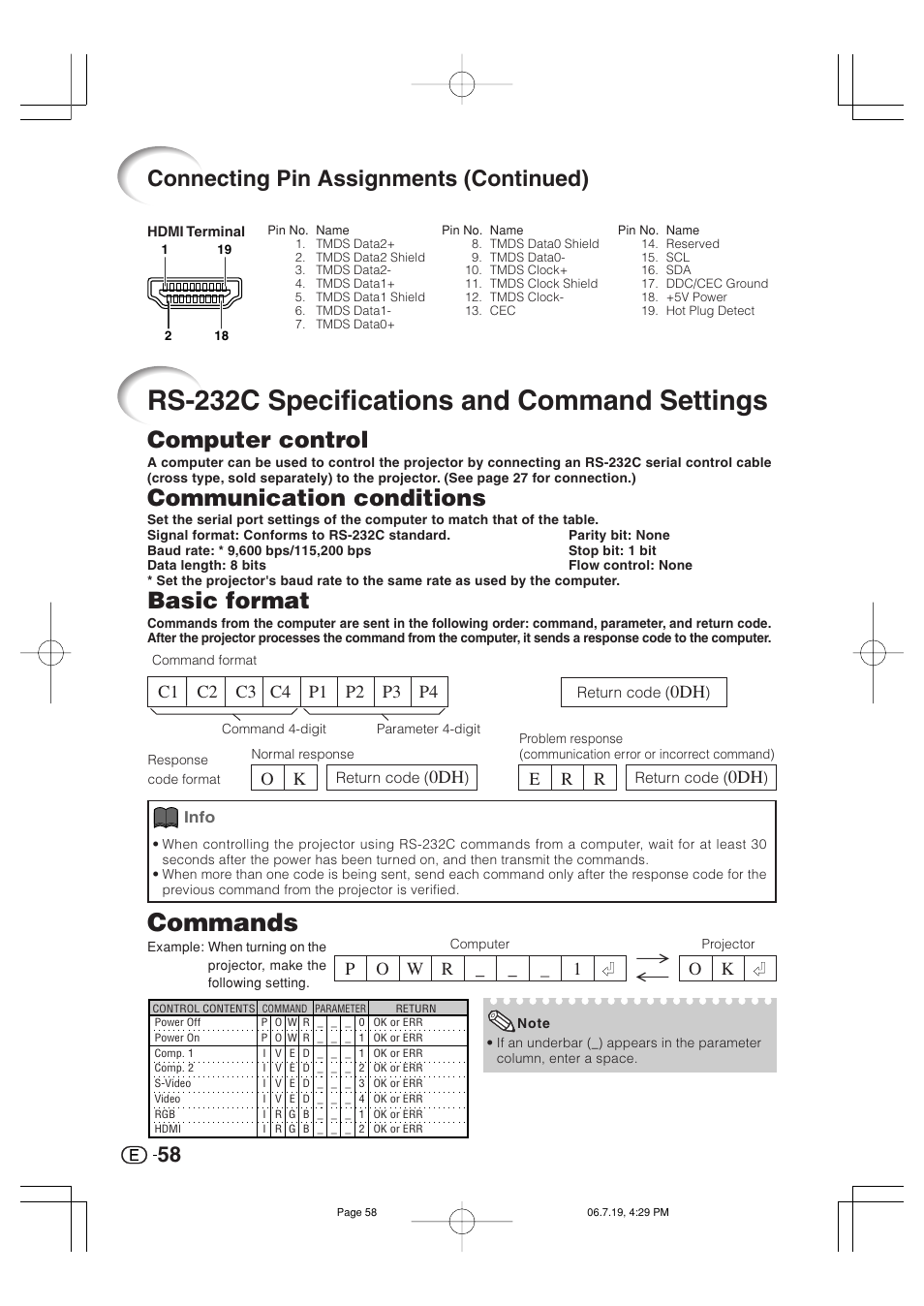 Rs-232c specifications and command settings, Commands, Computer control | Communication conditions, Basic format, Connecting pin assignments (continued), Po w r _ 1 _ _ o k, Er r | Marantz VP4001 User Manual | Page 59 / 66