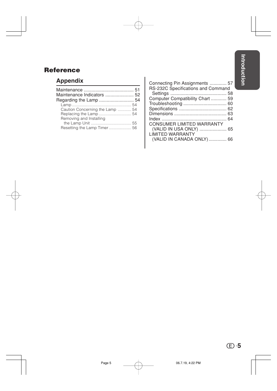 5reference, Appendix | Marantz VP4001 User Manual | Page 6 / 66