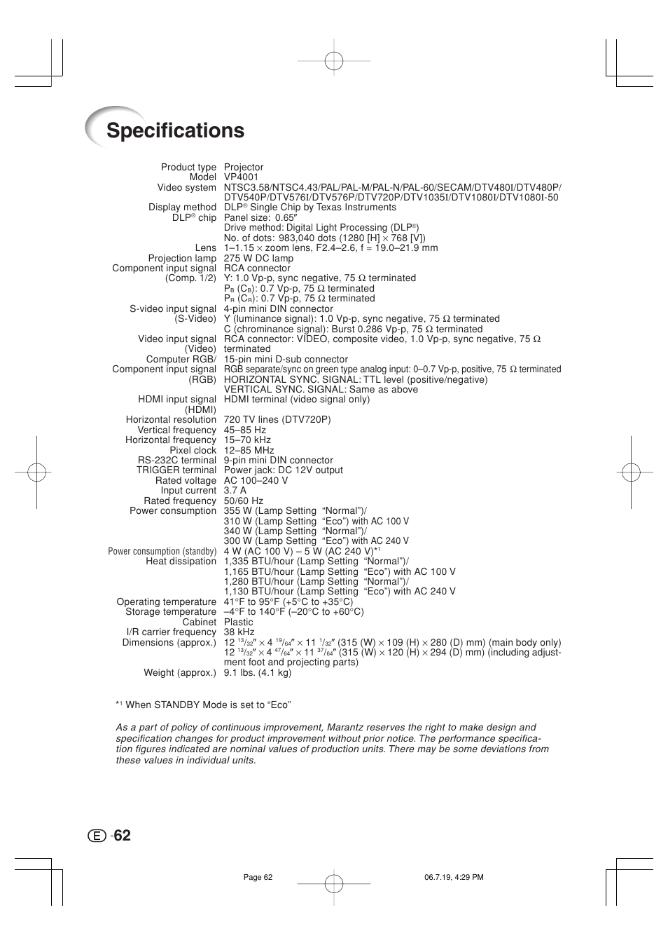 Specifications | Marantz VP4001 User Manual | Page 63 / 66