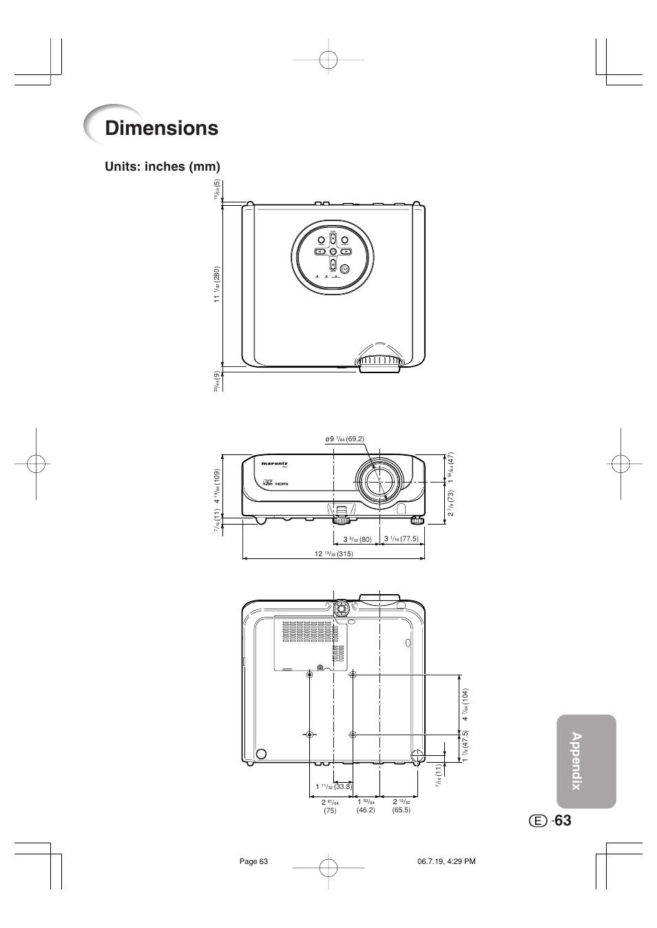 Dimensions, Appendix, Units: inches (mm) | Marantz VP4001 User Manual | Page 64 / 66