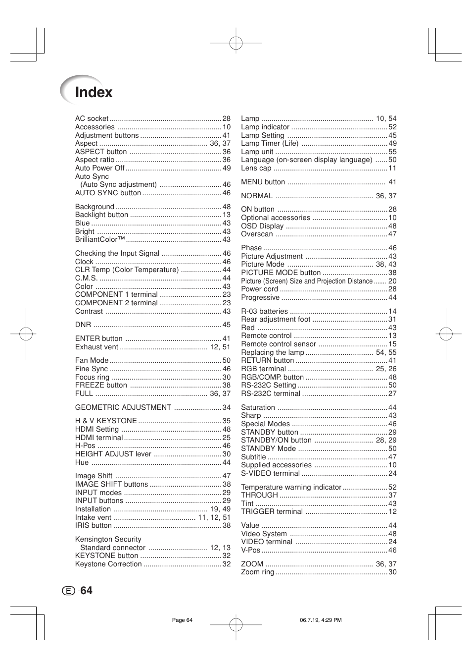 Index | Marantz VP4001 User Manual | Page 65 / 66