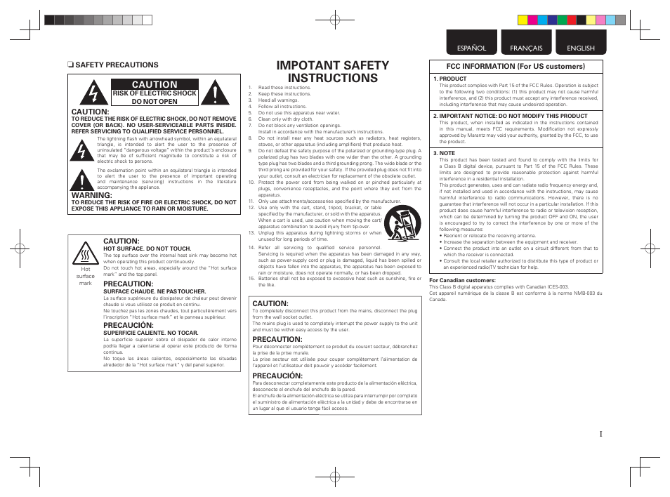 Impotant safety instructions, Caution | Marantz 5411 10586 001M User Manual | Page 3 / 18