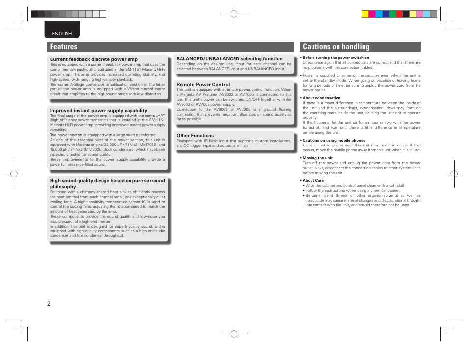 Features, Cautions on handling | Marantz 5411 10586 001M User Manual | Page 6 / 18