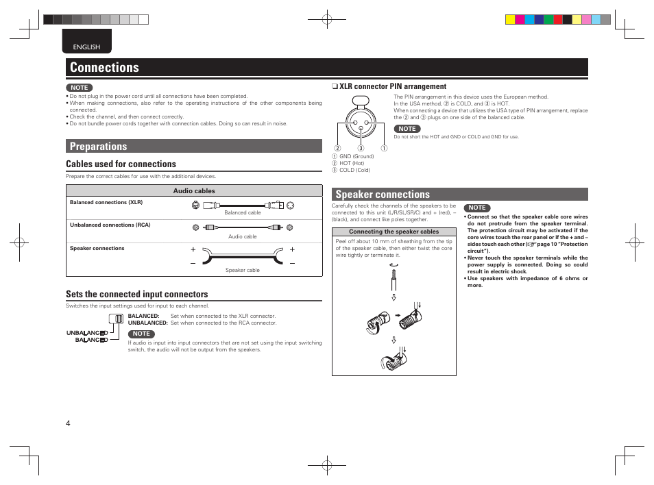 Connections, Preparations, Speaker connections | Cables used for connections, Sets the connected input connectors | Marantz 5411 10586 001M User Manual | Page 8 / 18