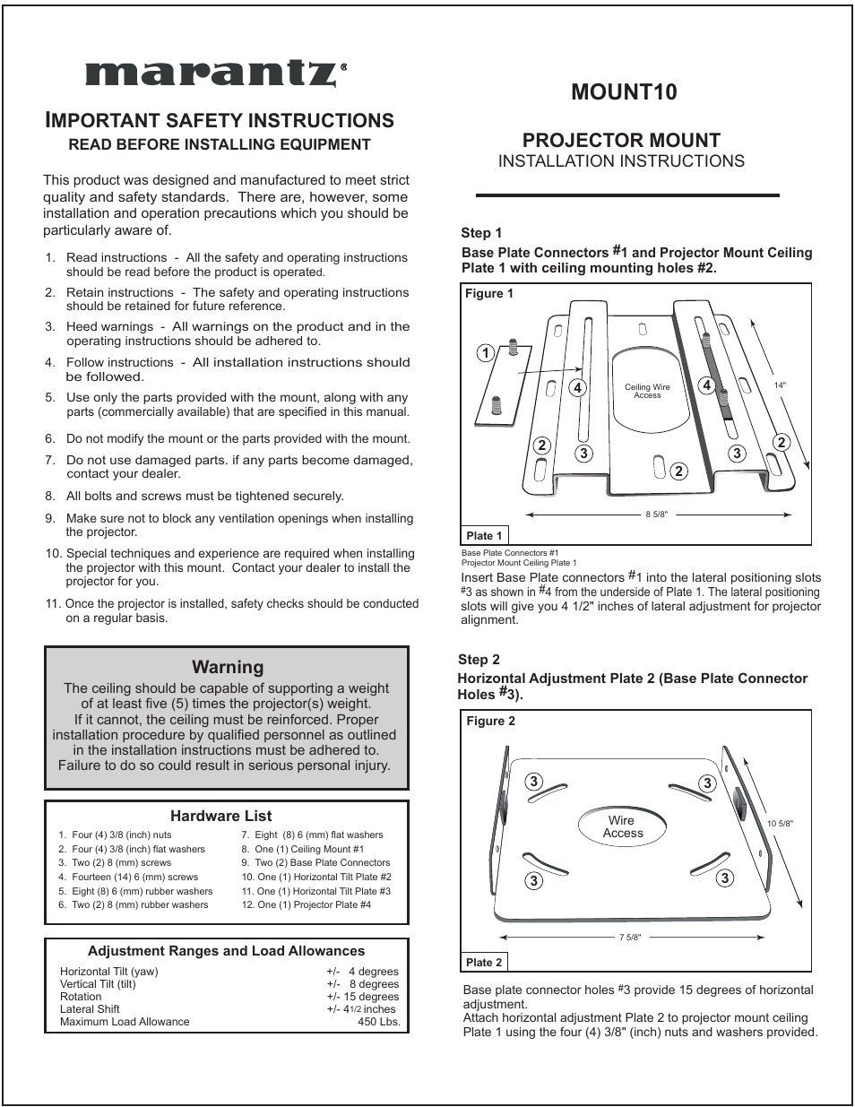 Mount10, Projector mount, Mportant safety instructions | Warning, Installation instructions | Marantz VP-10S1 User Manual | Page 2 / 4