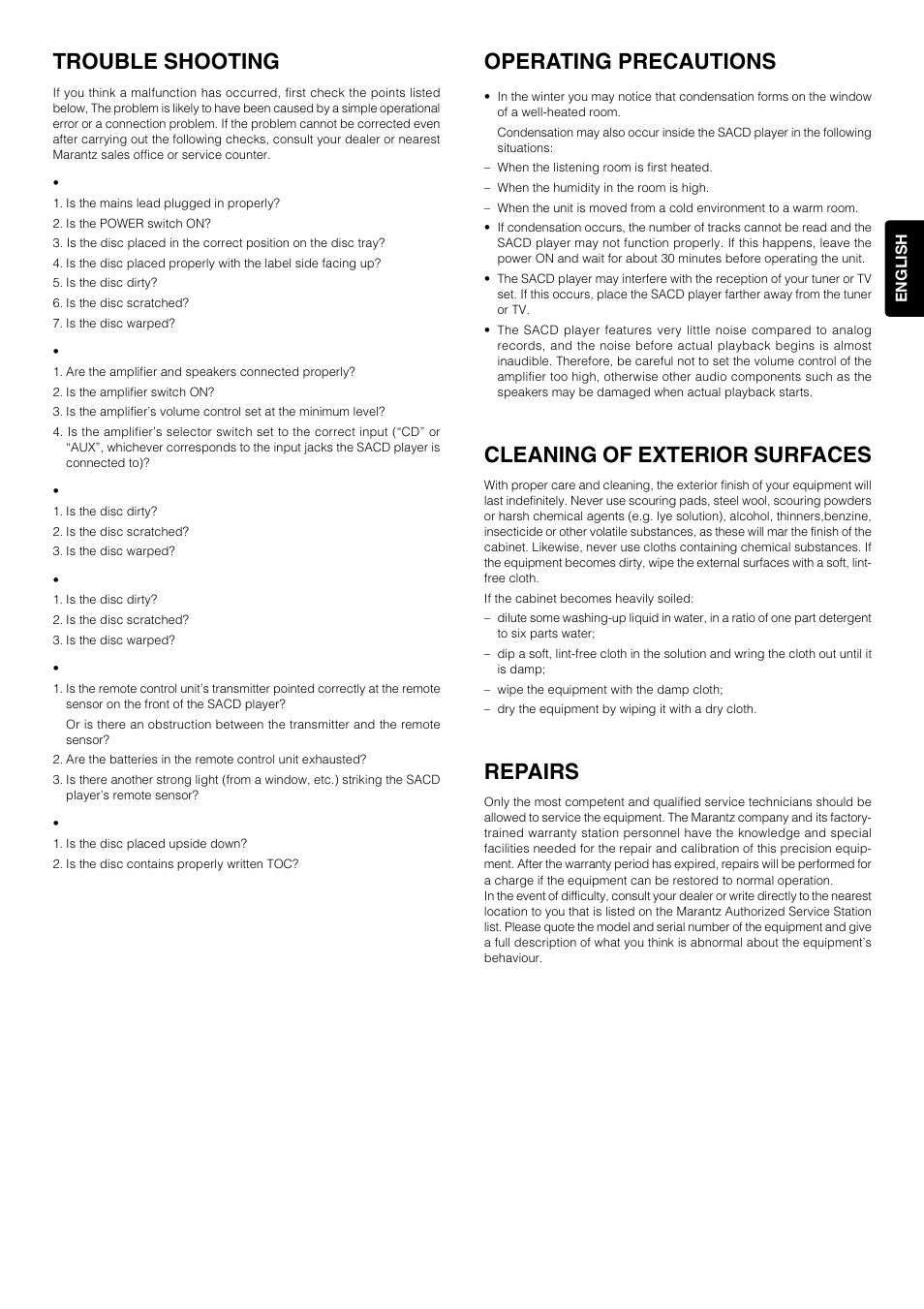 Trouble shooting, Operating precautions, Cleaning of exterior surfaces | Repairs | Marantz 6264 User Manual | Page 13 / 13