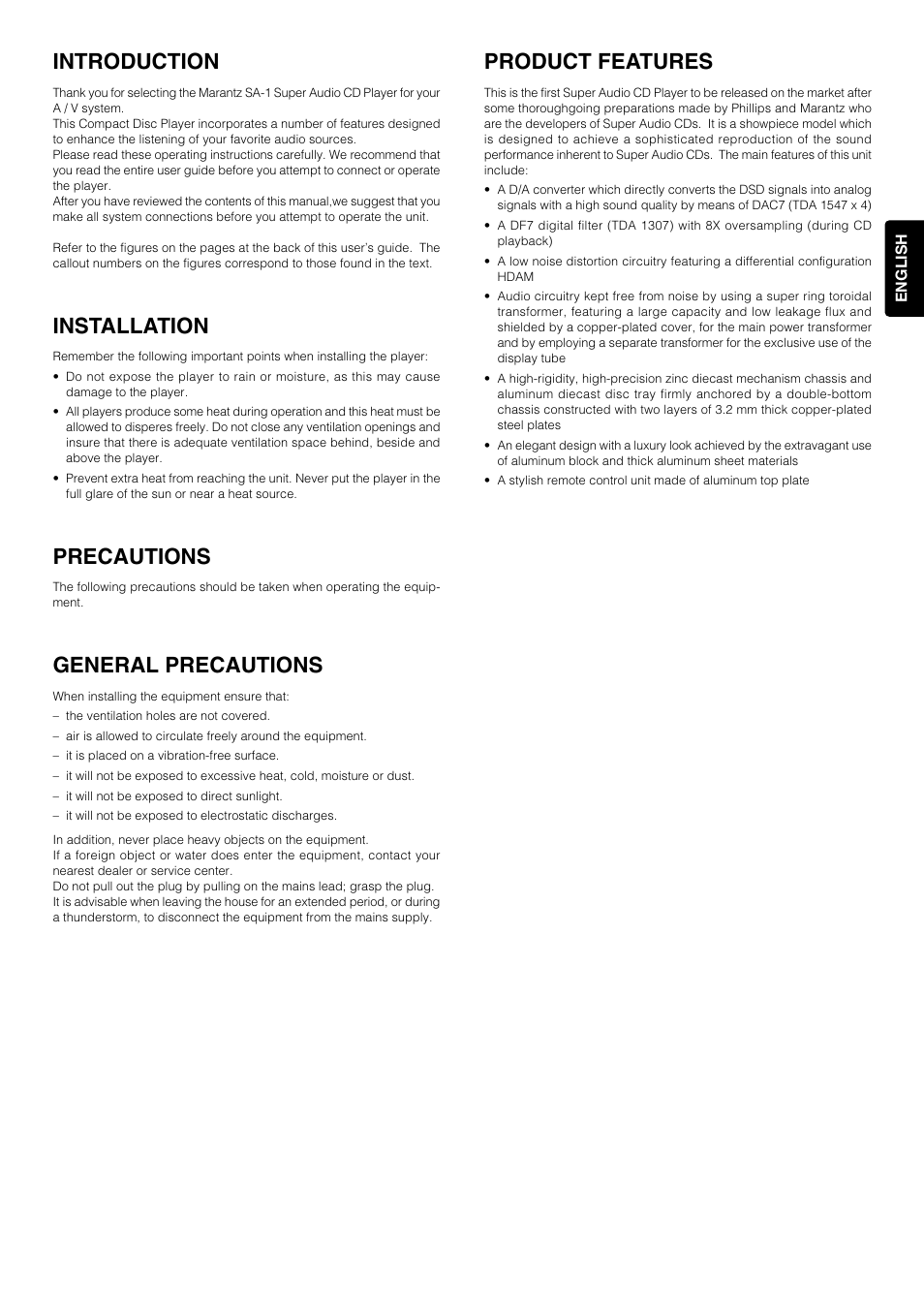 Introduction, Installation, Precautions | General precautions, Product features | Marantz 6264 User Manual | Page 3 / 13