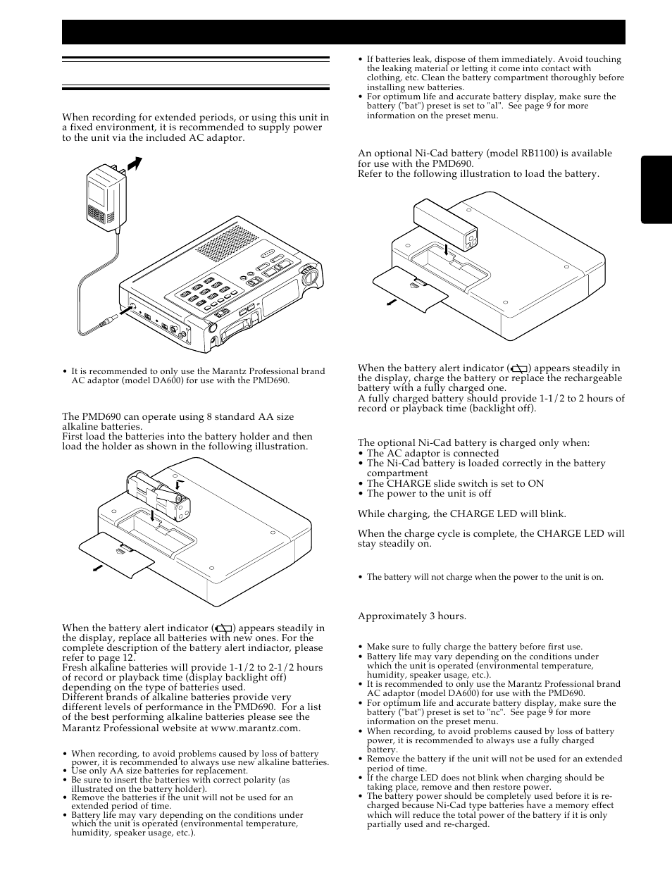 Ac adaptor and batteries, Setting up, Ac adaptor | Alkaline batteries, Ni-cad rechargeable battery (optional) | Marantz PMD690 User Manual | Page 7 / 37