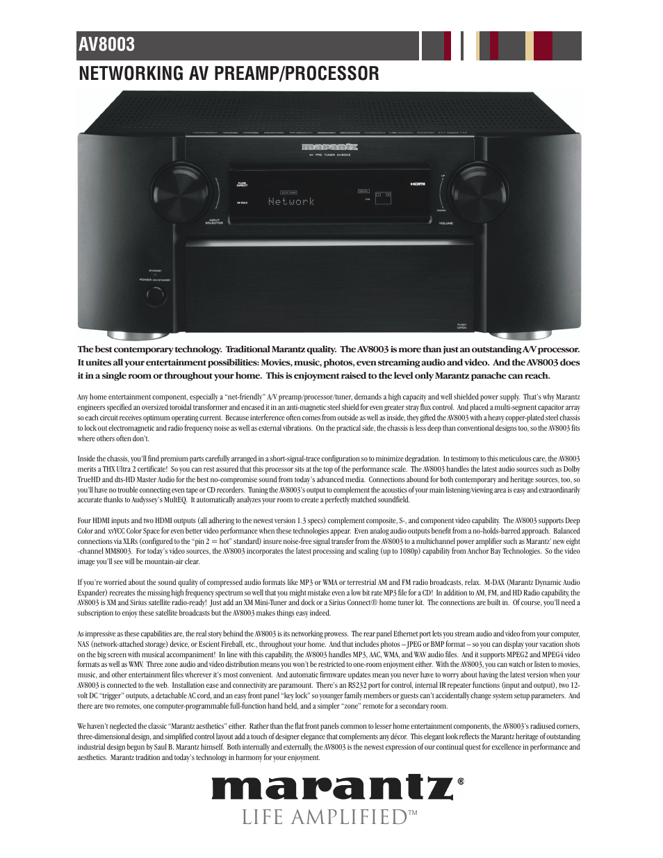Life amplified, Av8003 networking av preamp/processor | Marantz AV8003 User Manual | Page 2 / 5