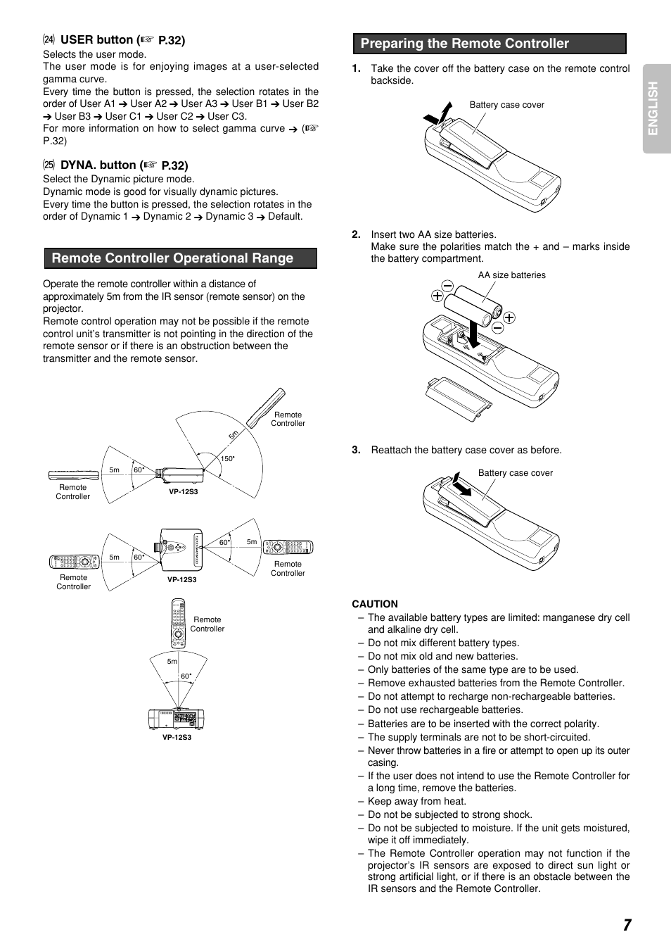 Preparing the remote controller, Remote controller operational range, English | Marantz DLPTM VP-12S3/VP-12S3L User Manual | Page 13 / 50