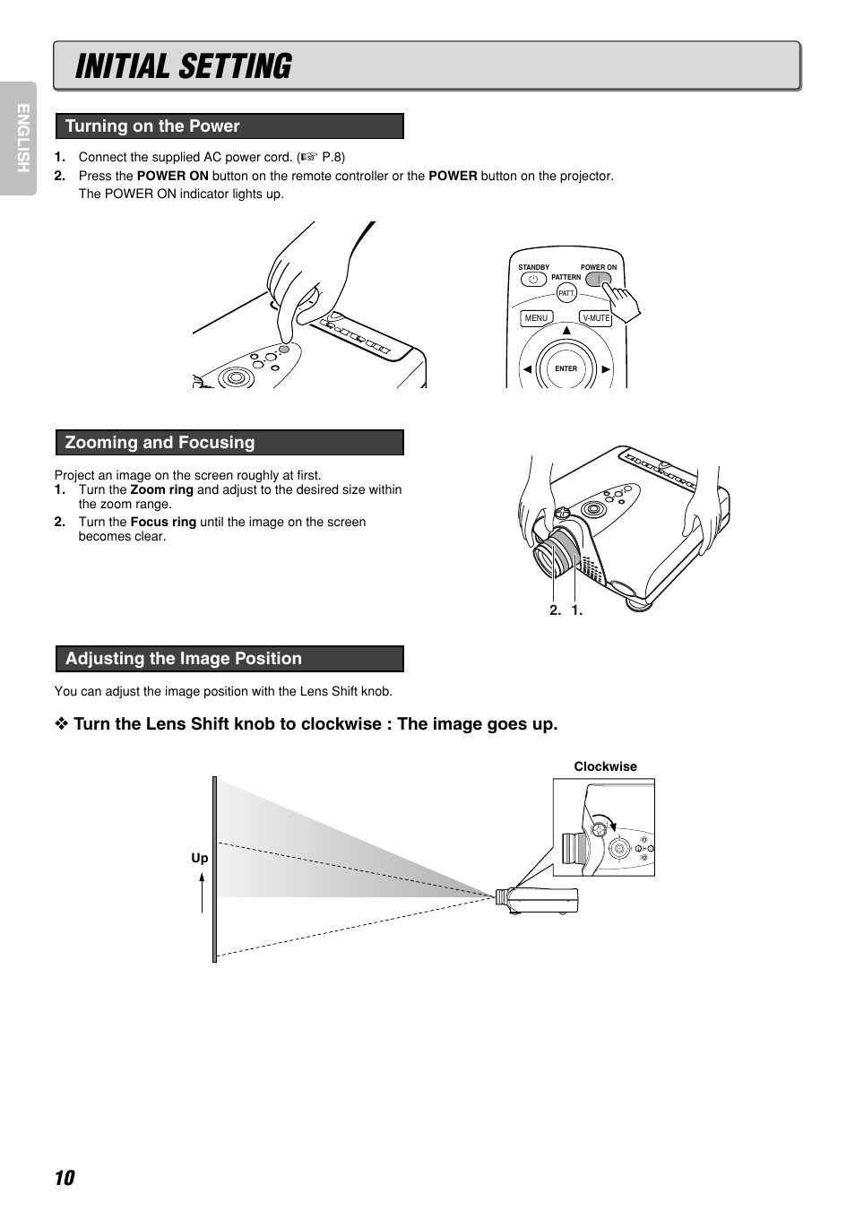 Initial setting, Zooming and focusing, Turning on the power | Marantz DLPTM VP-12S3/VP-12S3L User Manual | Page 16 / 50