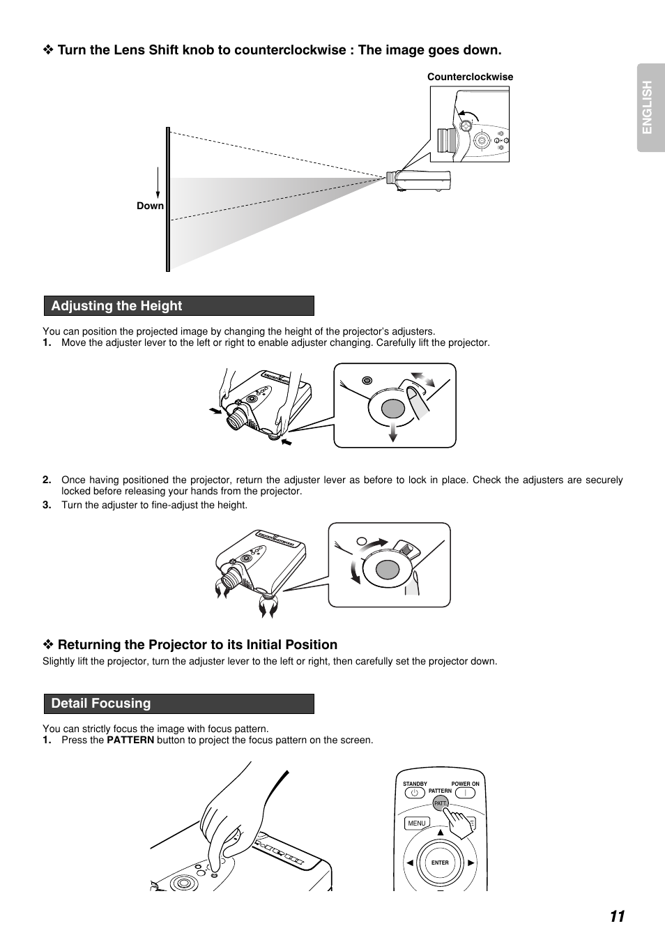 Returning the projector to its initial position, Detail focusing adjusting the height | Marantz DLPTM VP-12S3/VP-12S3L User Manual | Page 17 / 50