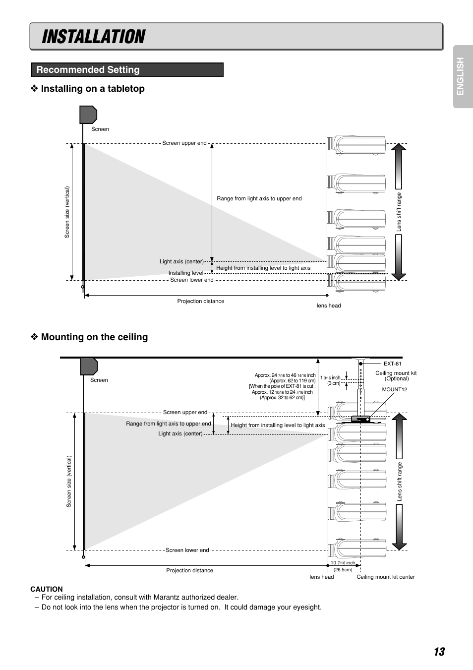 Installation, Installing on a tabletop, Mounting on the ceiling | Recommended setting, English | Marantz DLPTM VP-12S3/VP-12S3L User Manual | Page 19 / 50