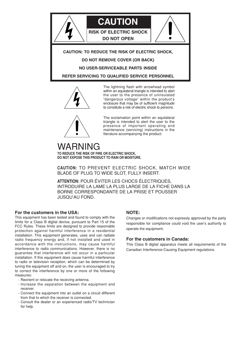 Caution, Warning | Marantz DLPTM VP-12S3/VP-12S3L User Manual | Page 2 / 50