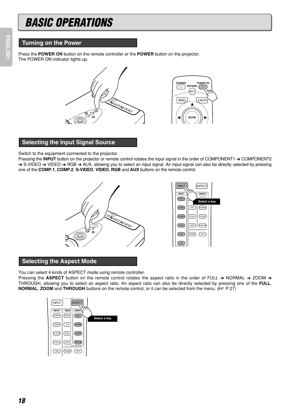 Basic operations, Selecting the aspect mode, Selecting the input signal source | Turning on the power, English | Marantz DLPTM VP-12S3/VP-12S3L User Manual | Page 24 / 50