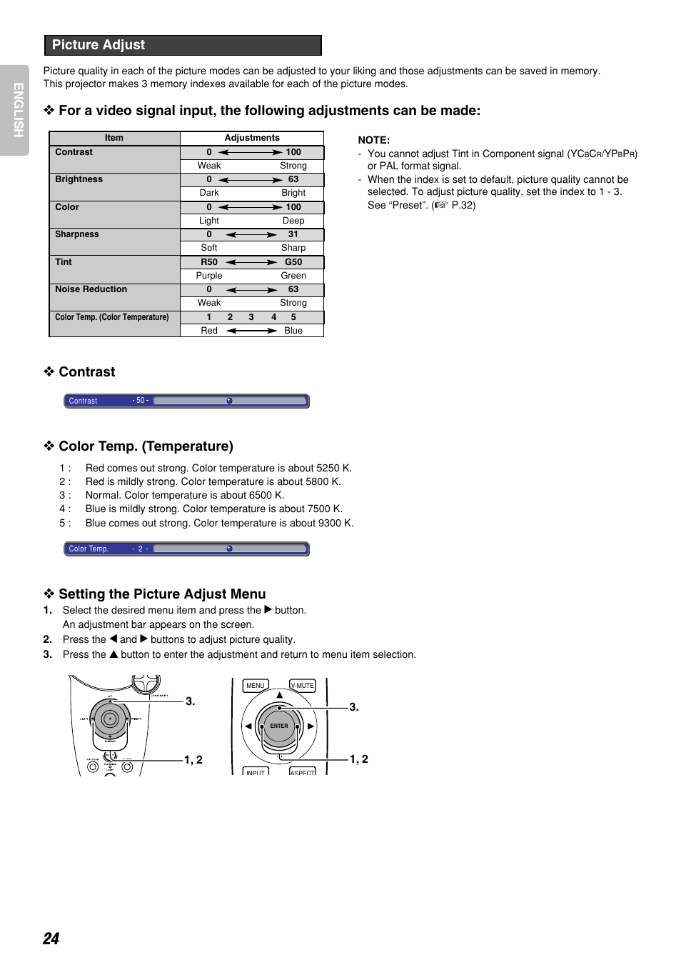 Contrast, Color temp. (temperature), Setting the picture adjust menu | Picture adjust, English | Marantz DLPTM VP-12S3/VP-12S3L User Manual | Page 30 / 50