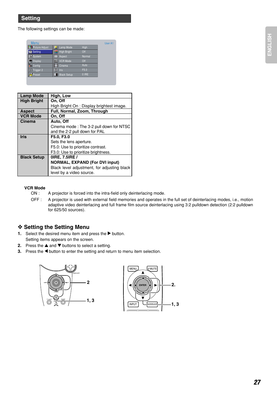 Setting the setting menu, Setting, English | Marantz DLPTM VP-12S3/VP-12S3L User Manual | Page 33 / 50