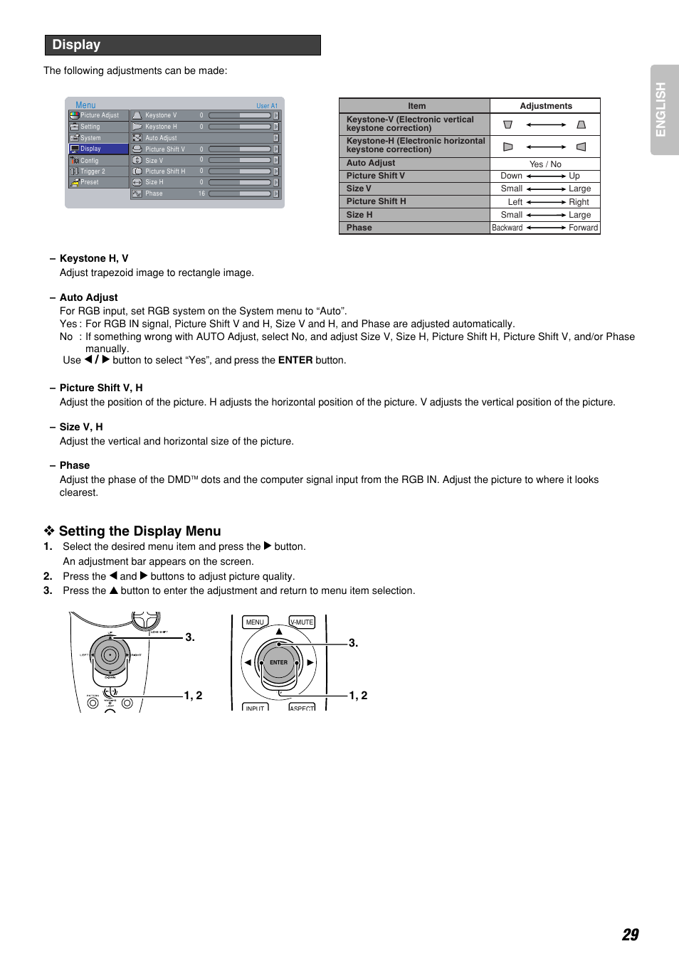 Setting the display menu, Display, English | Marantz DLPTM VP-12S3/VP-12S3L User Manual | Page 35 / 50