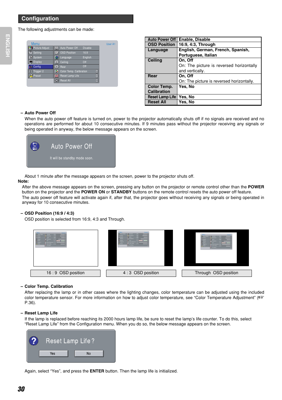 Reset lamp life, Auto power off, Configuration | English, Yes no, It will be standby mode soon, Menu | Marantz DLPTM VP-12S3/VP-12S3L User Manual | Page 36 / 50