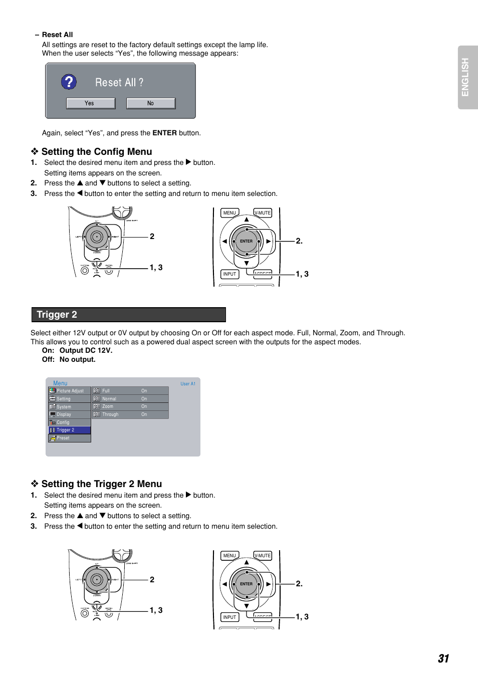 Reset all, Setting the config menu, Setting the trigger 2 menu | Trigger 2, English | Marantz DLPTM VP-12S3/VP-12S3L User Manual | Page 37 / 50