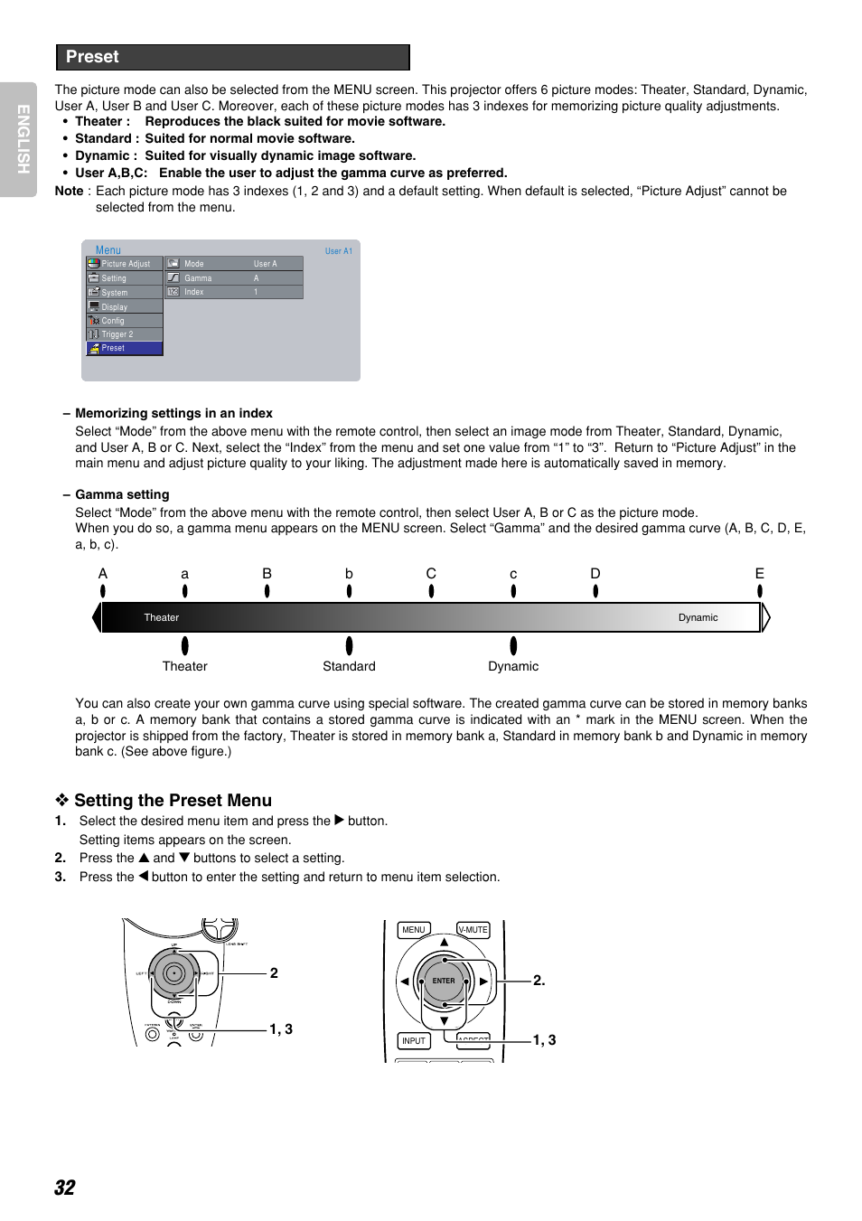 Setting the preset menu, Preset, English | Marantz DLPTM VP-12S3/VP-12S3L User Manual | Page 38 / 50