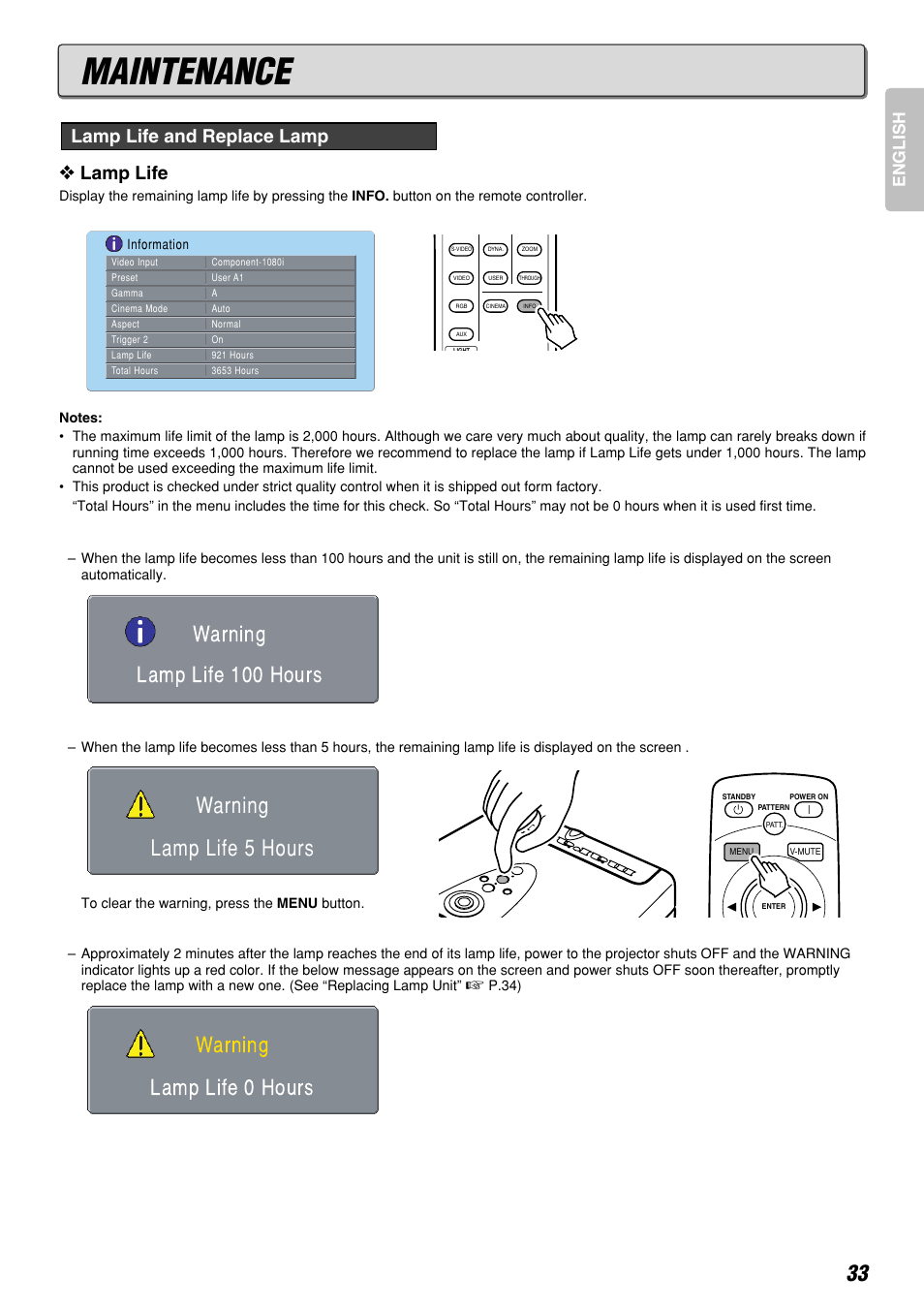 Maintenance, Lamp life 0 hours warning, Lamp life | Lamp life and replace lamp, English | Marantz DLPTM VP-12S3/VP-12S3L User Manual | Page 39 / 50