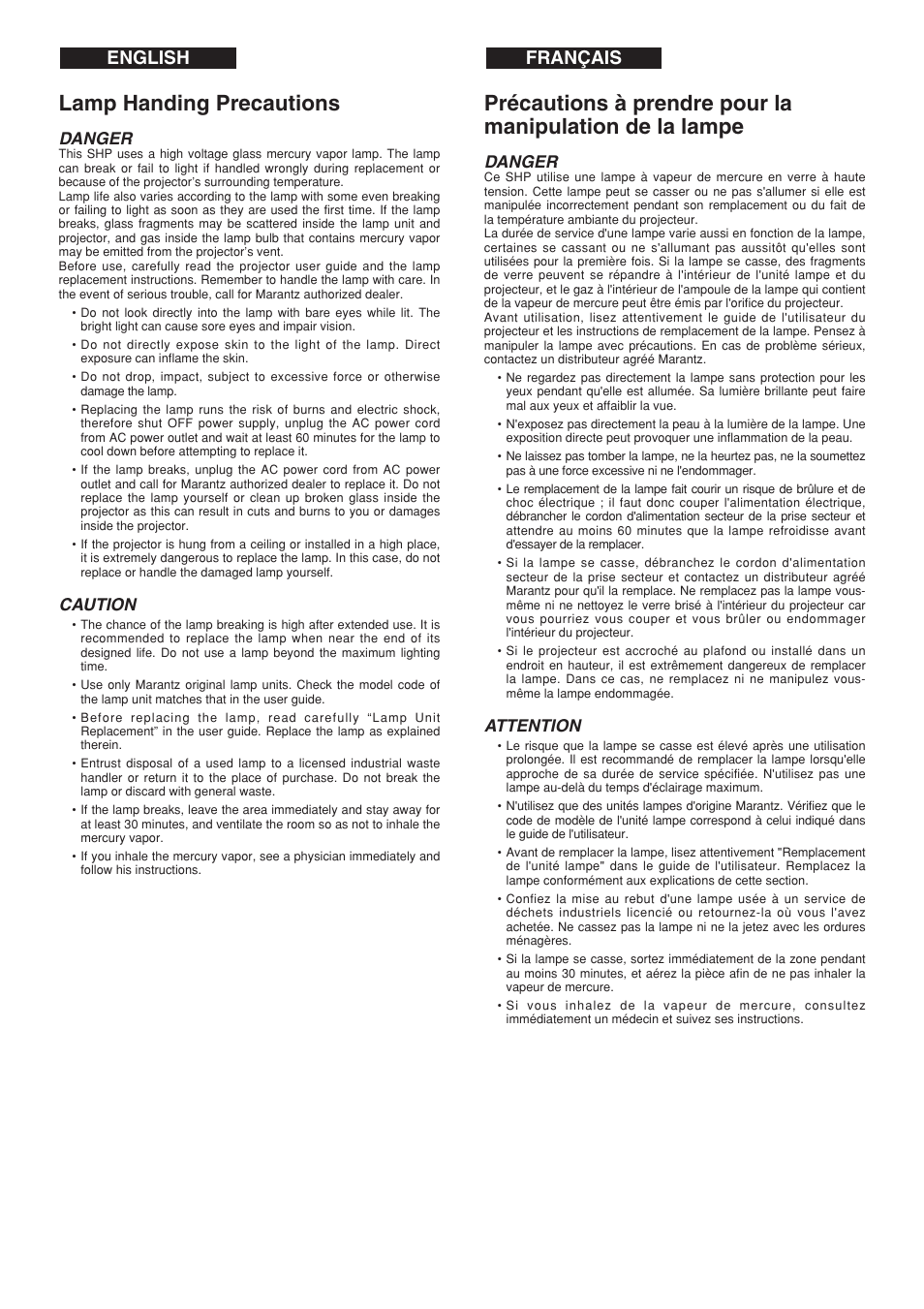 Lamp handing precautions, Français english, Danger | Caution, Attention | Marantz DLPTM VP-12S3/VP-12S3L User Manual | Page 4 / 50