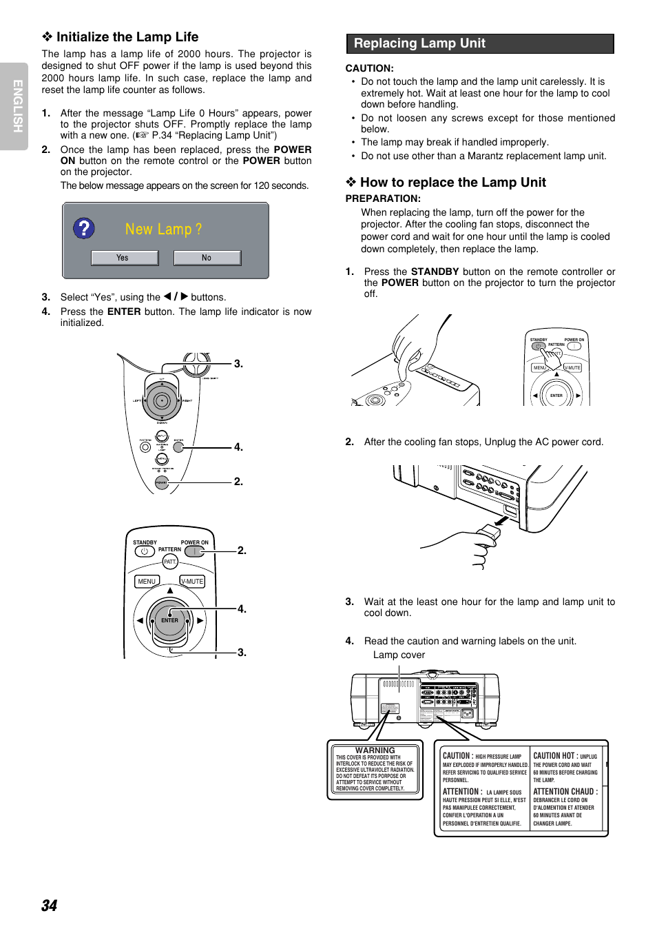 New lamp ? 34, How to replace the lamp unit, Replacing lamp unit | Initialize the lamp life, English | Marantz DLPTM VP-12S3/VP-12S3L User Manual | Page 40 / 50