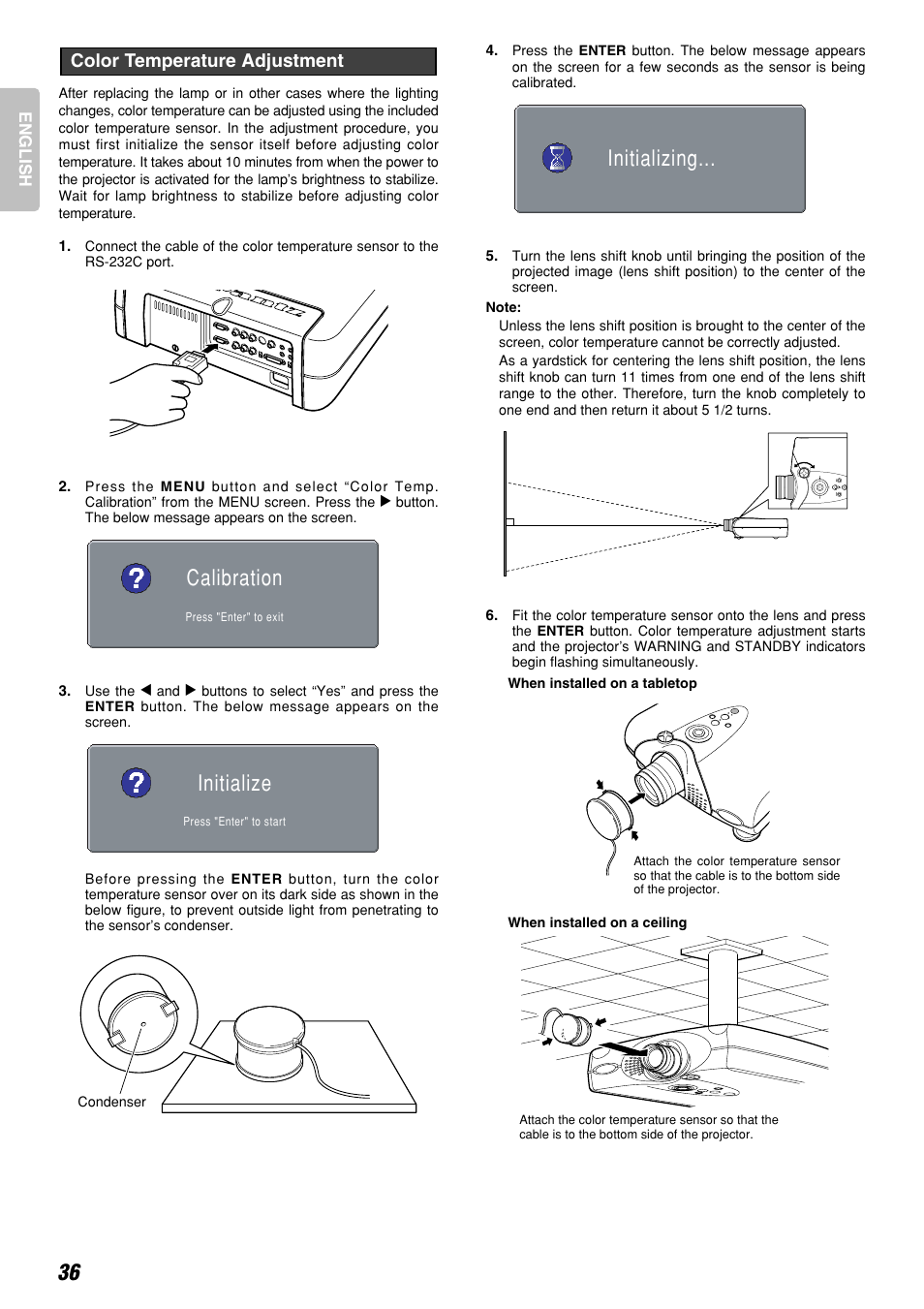 Initialize, Calibration, Initializing | Color temperature adjustment | Marantz DLPTM VP-12S3/VP-12S3L User Manual | Page 42 / 50