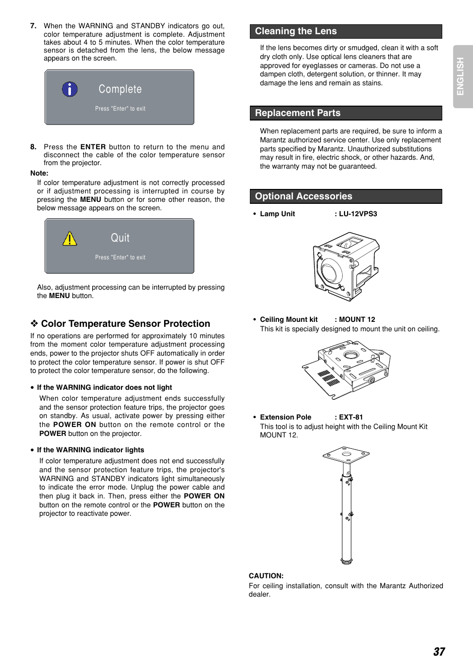 Quit, Complete 37, Color temperature sensor protection | Marantz DLPTM VP-12S3/VP-12S3L User Manual | Page 43 / 50