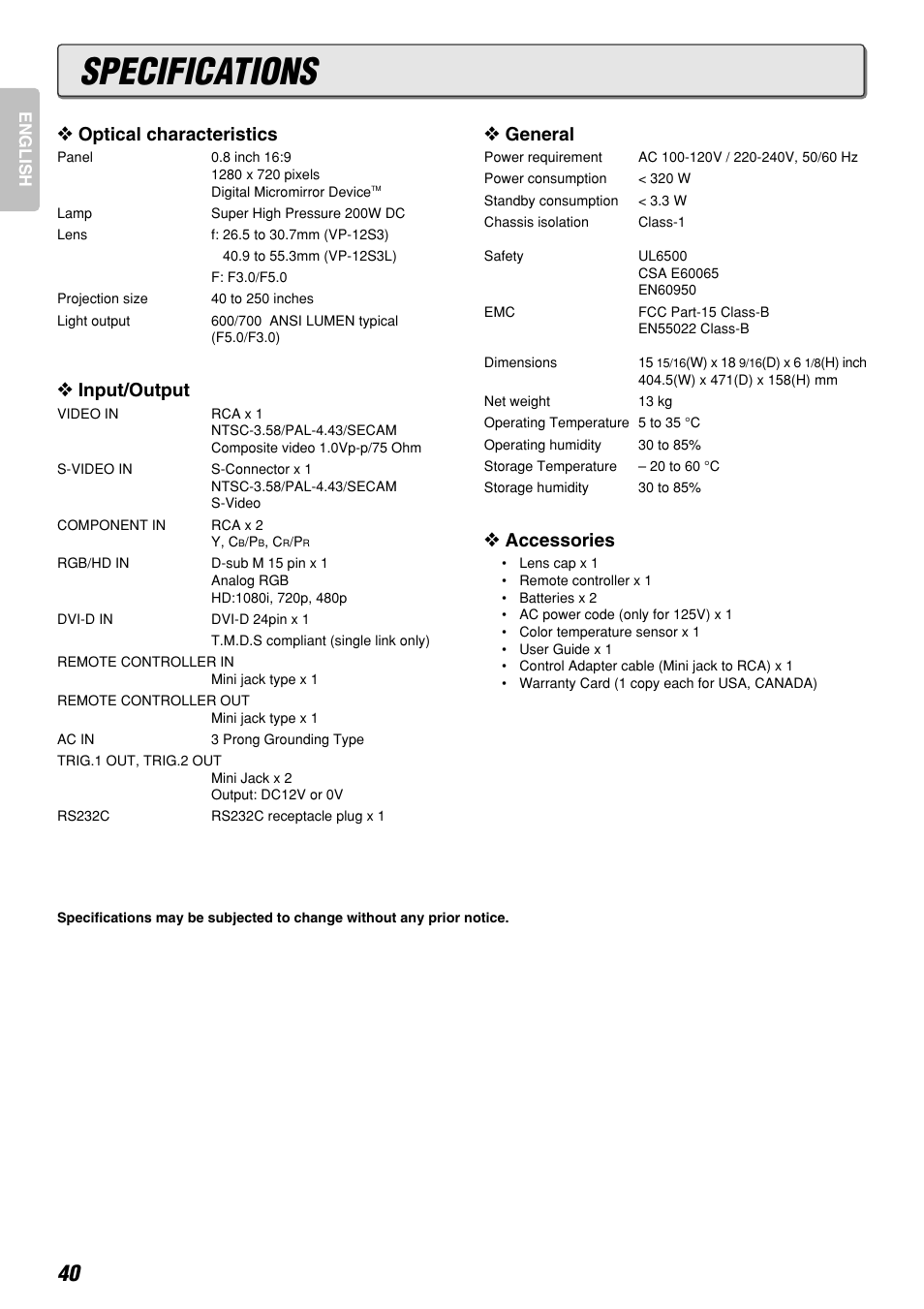 Specifications, Optical characteristics, Input/output | General, Accessories | Marantz DLPTM VP-12S3/VP-12S3L User Manual | Page 46 / 50