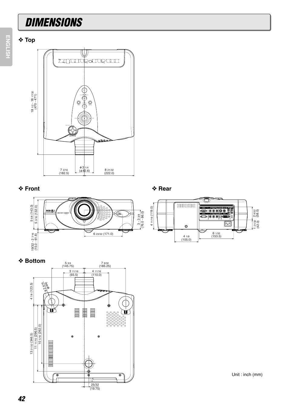 Dimensions, Front, Rear | Bottom, English | Marantz DLPTM VP-12S3/VP-12S3L User Manual | Page 48 / 50