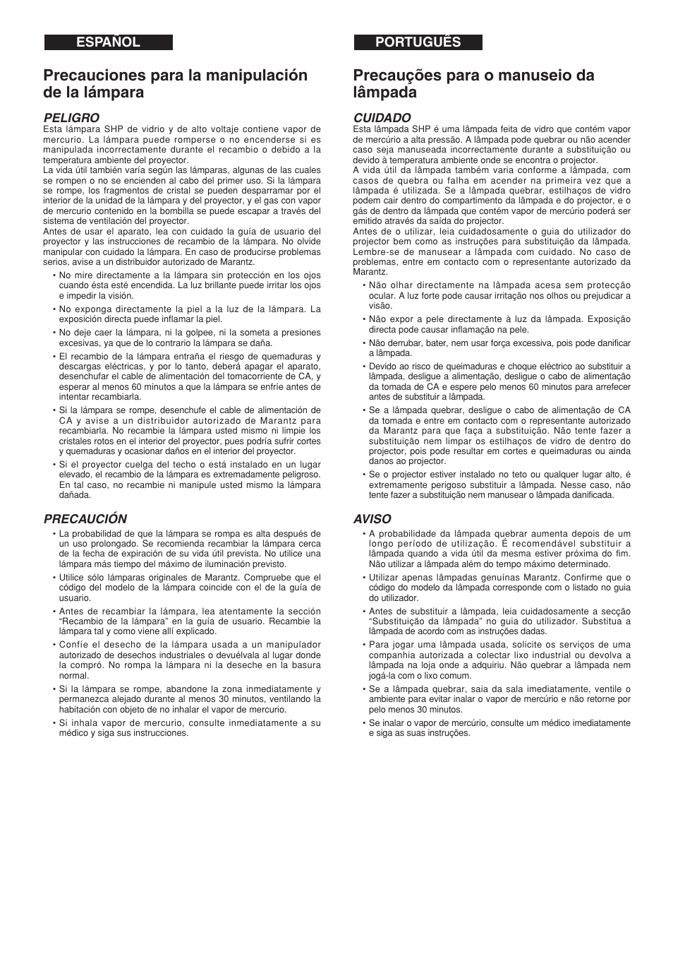 Precauciones para la manipulación de la lámpara, Precauções para o manuseio da lâmpada, Português español | Peligro, Precaución, Cuidado, Aviso | Marantz DLPTM VP-12S3/VP-12S3L User Manual | Page 5 / 50