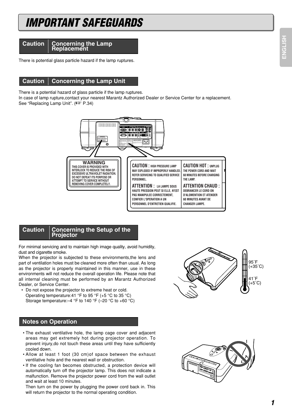 Important safeguards, English | Marantz DLPTM VP-12S3/VP-12S3L User Manual | Page 7 / 50