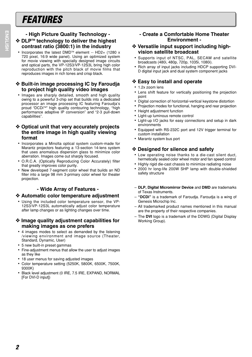 Features | Marantz DLPTM VP-12S3/VP-12S3L User Manual | Page 8 / 50