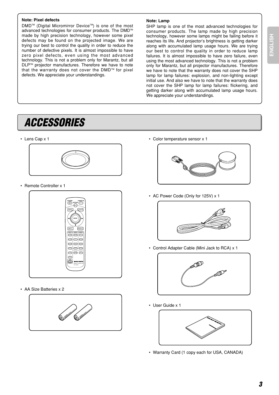 Accessories, English, Digital micromirror device | Marantz DLPTM VP-12S3/VP-12S3L User Manual | Page 9 / 50