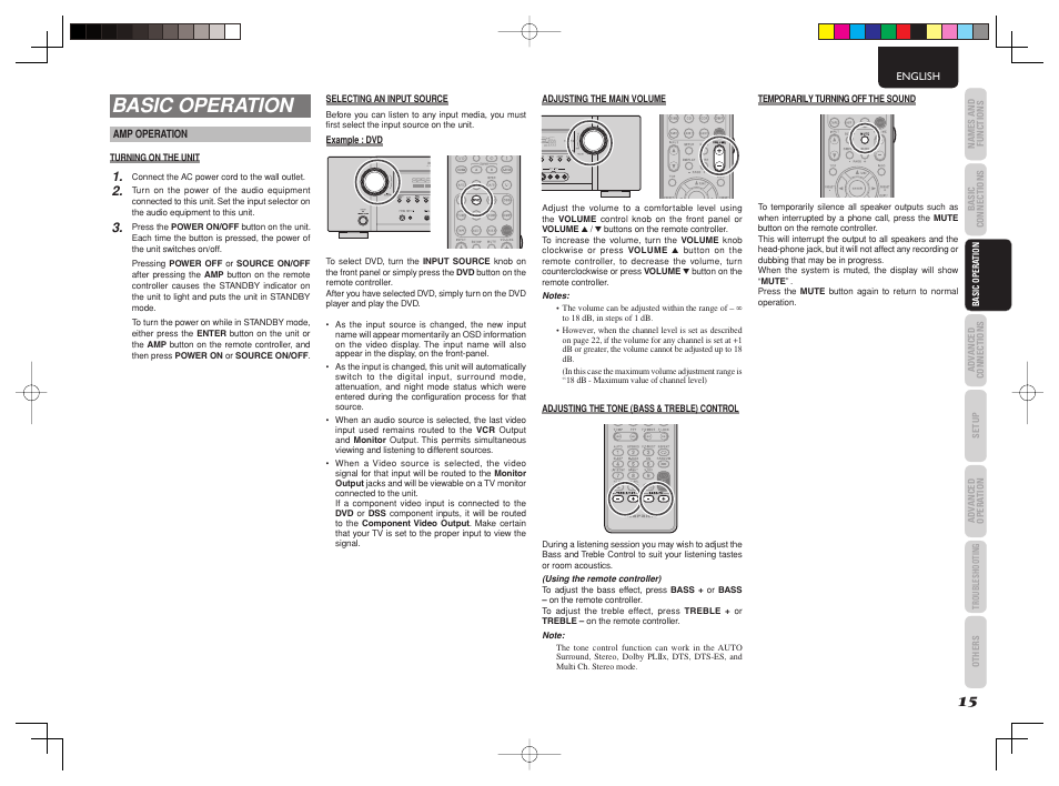 Basic operation, Disp multi auto tuned sleep surr auto direct | Marantz SR4003 User Manual | Page 19 / 50
