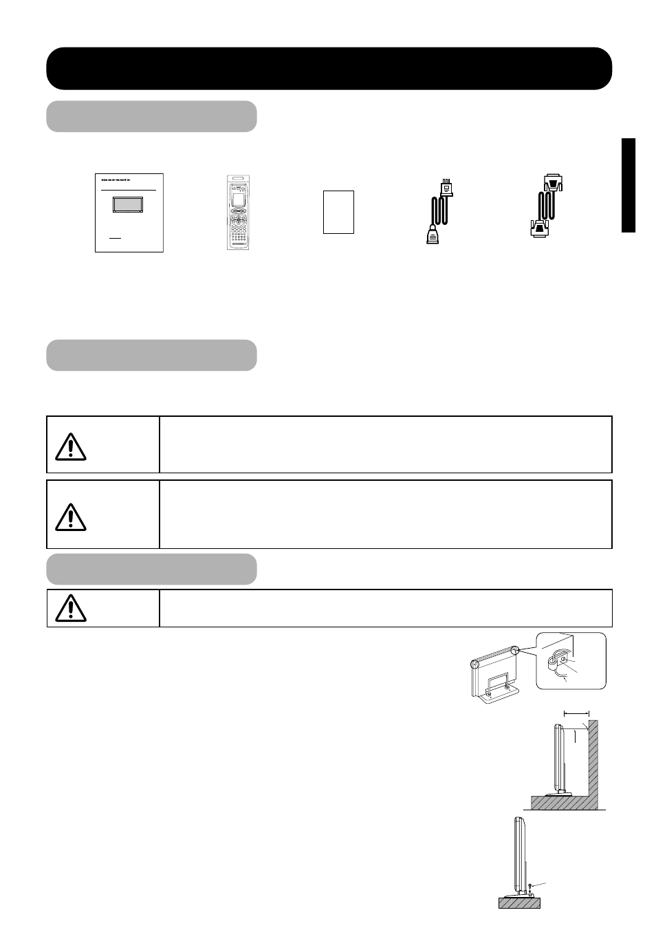 Installation instructions, Anti-tumble measures, Standard accessories | Securing to a wall or pillar securing desktop, Installation, English, Caution, Warning | Marantz PD4298HD s User Manual | Page 13 / 39