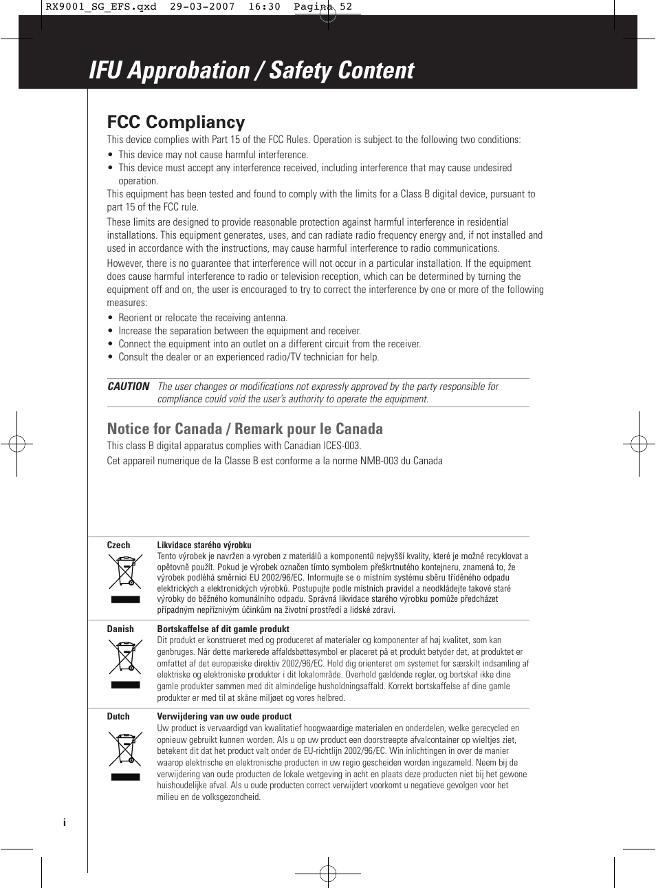 Ifu approbation / safety content, Fcc compliancy, Notice for canada / remark pour le canada | Marantz RX9001 User Manual | Page 21 / 25