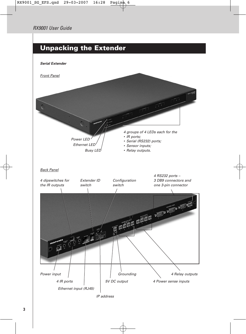 Unpacking the extender, Rx9001 user guide | Marantz RX9001 User Manual | Page 6 / 25