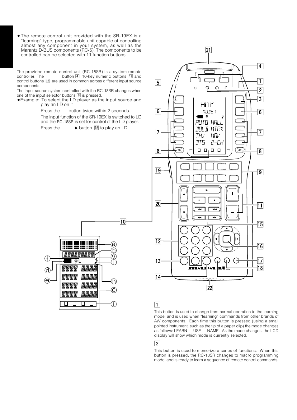 Remote control unit rc-18sr, Operation, Function and operation | English, Function and operation z, Mode (operating mode), Macro (for multiple step macro functions) | Marantz SR-18EX User Manual | Page 27 / 47