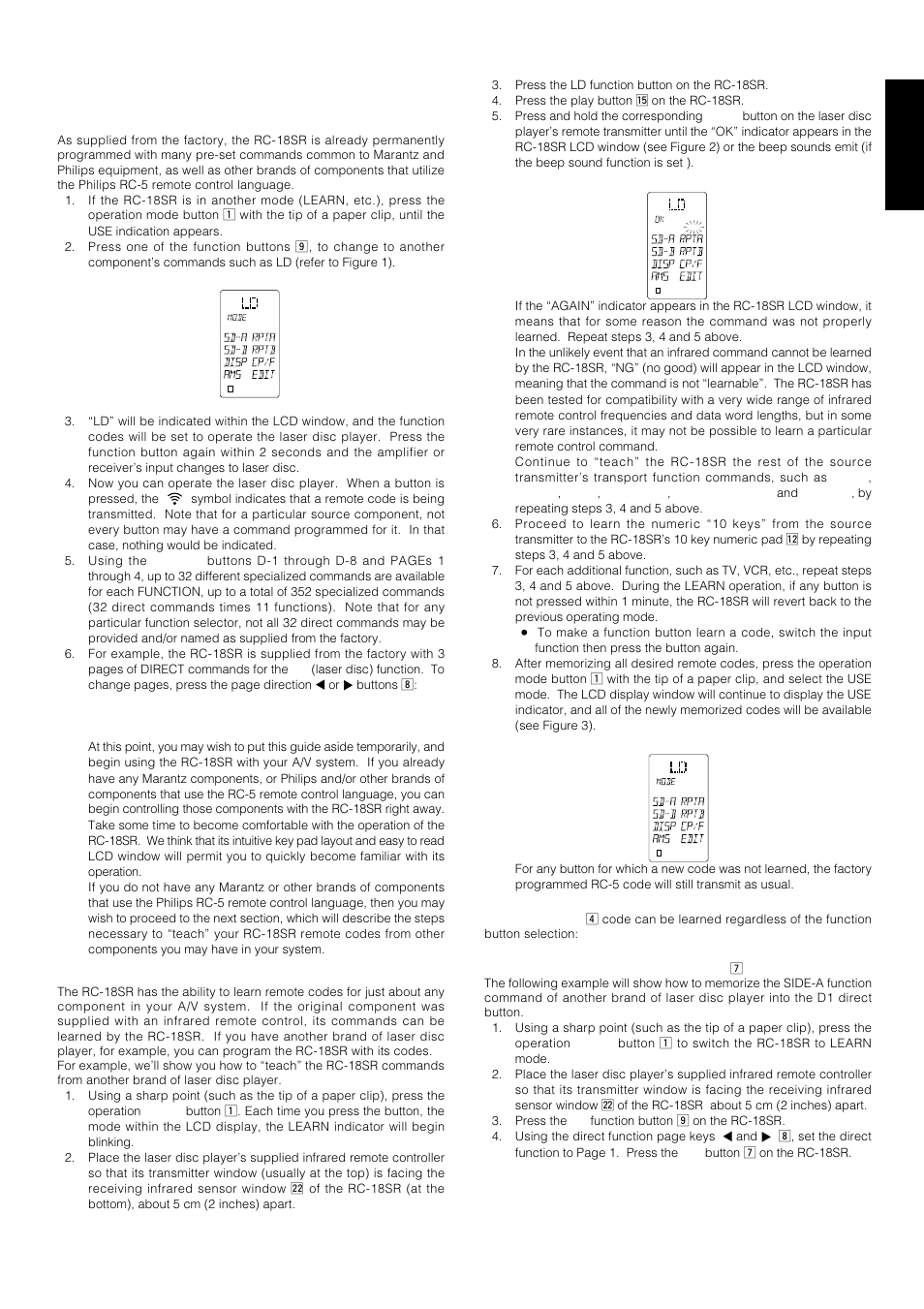 English, Rc-18sr basic operation, Use mode | Learn mode | Marantz SR-18EX User Manual | Page 30 / 47