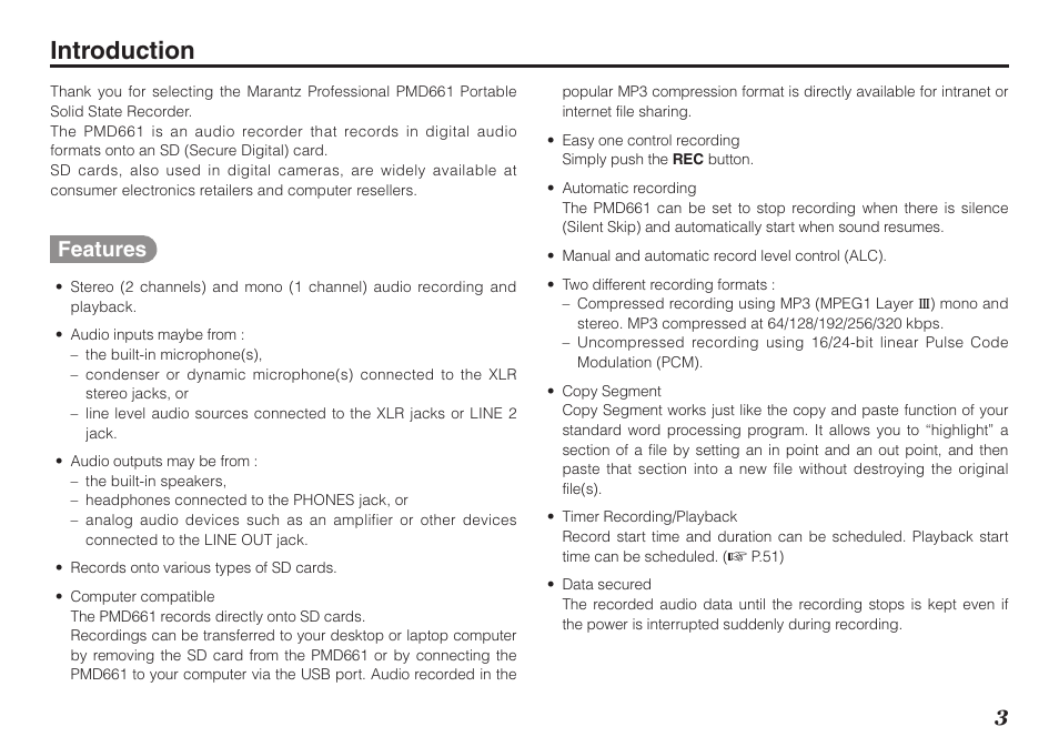 Introduction, Features | Marantz Professional PMD661 User Manual | Page 12 / 76