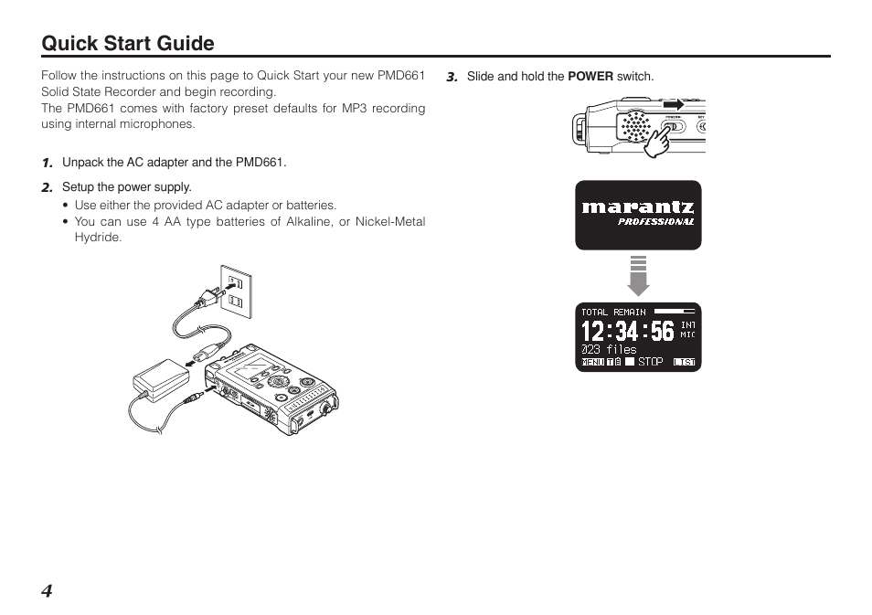 Quick start guide | Marantz Professional PMD661 User Manual | Page 13 / 76