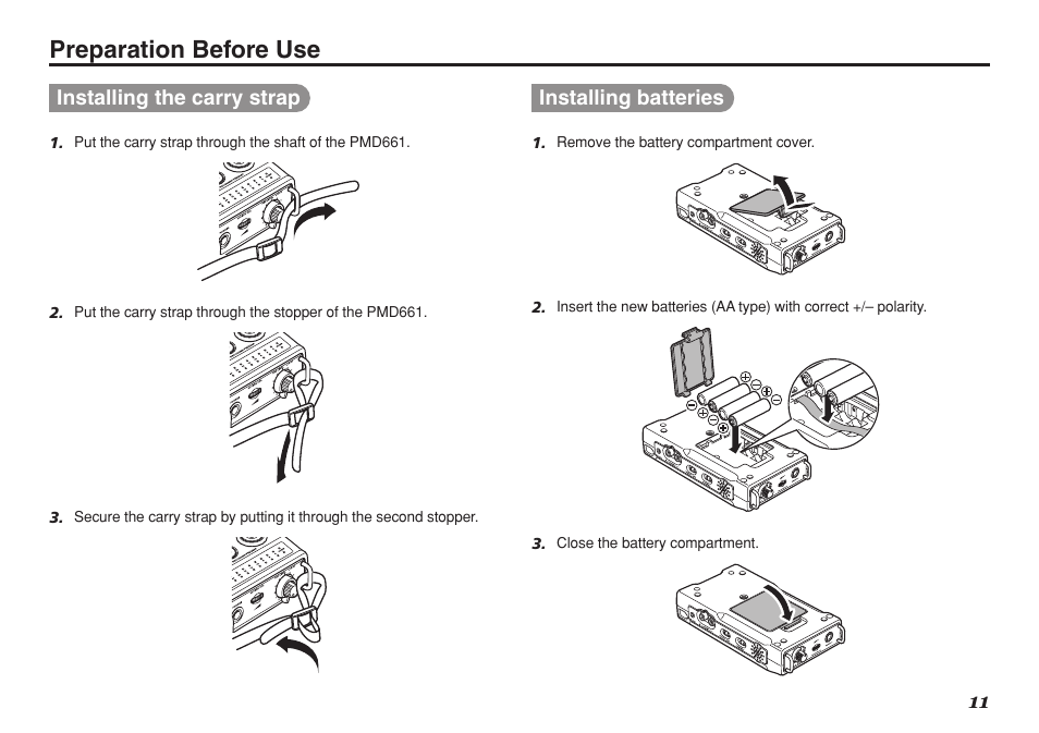 Preparation before use, Installing the carry strap, Installing batteries | Marantz Professional PMD661 User Manual | Page 20 / 76