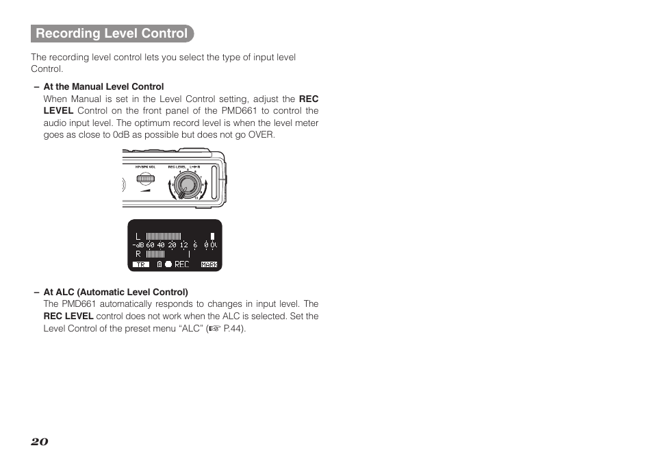 20 recording level control | Marantz Professional PMD661 User Manual | Page 29 / 76