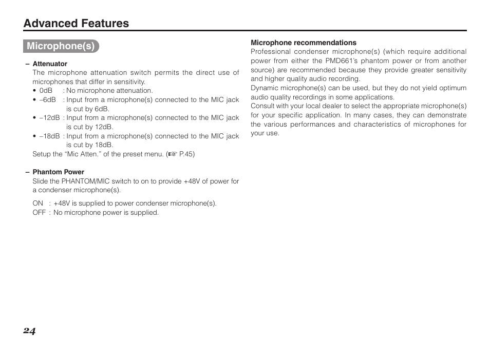 Advanced features, Microphone(s) | Marantz Professional PMD661 User Manual | Page 33 / 76