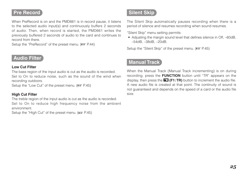 25 pre record, Audio filter, Silent skip | Manual track | Marantz Professional PMD661 User Manual | Page 34 / 76