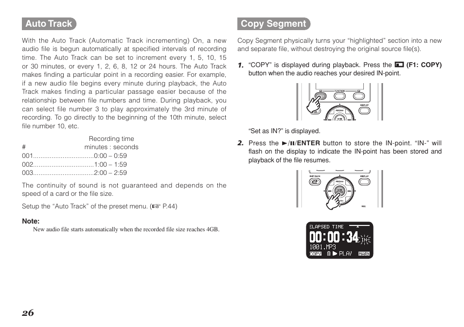 26 auto track, Copy segment | Marantz Professional PMD661 User Manual | Page 35 / 76