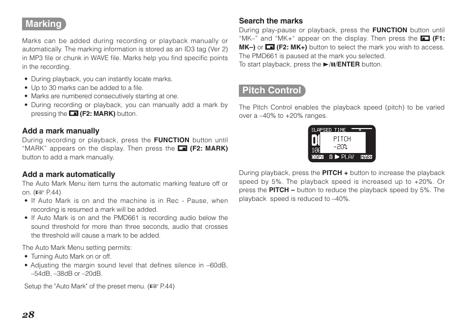 28 marking, Pitch control | Marantz Professional PMD661 User Manual | Page 37 / 76